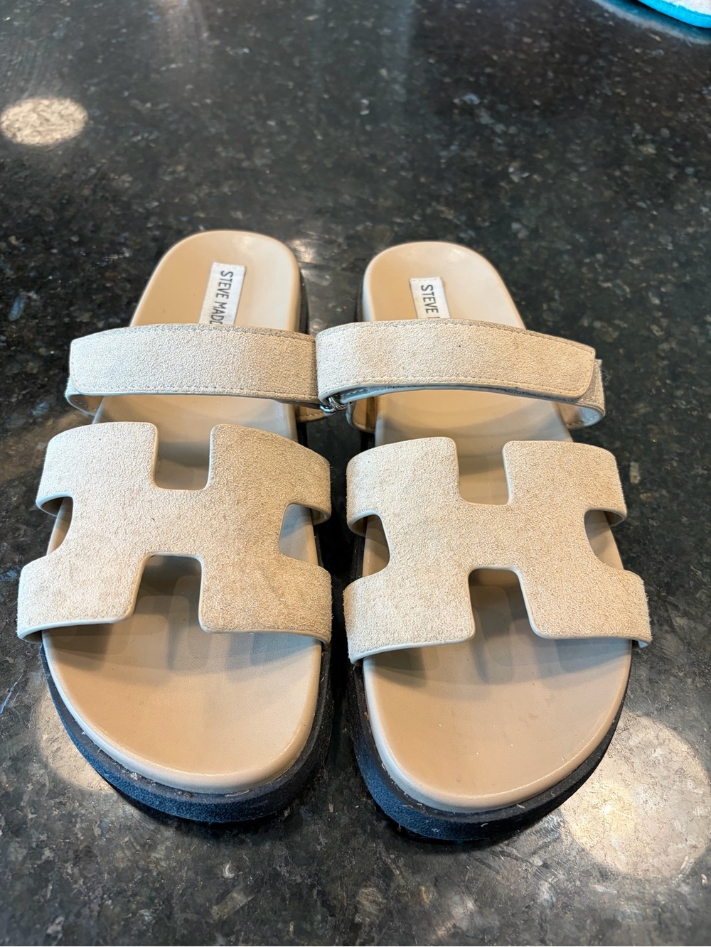 Steve Madden Tan Suede H‑Strap Slide Sandals